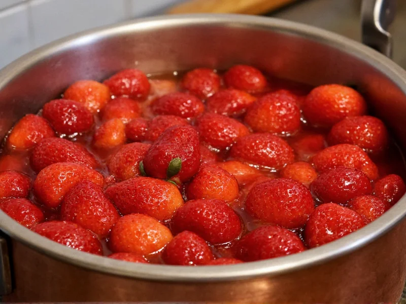Fresh strawberries simmering in copper pot for jam