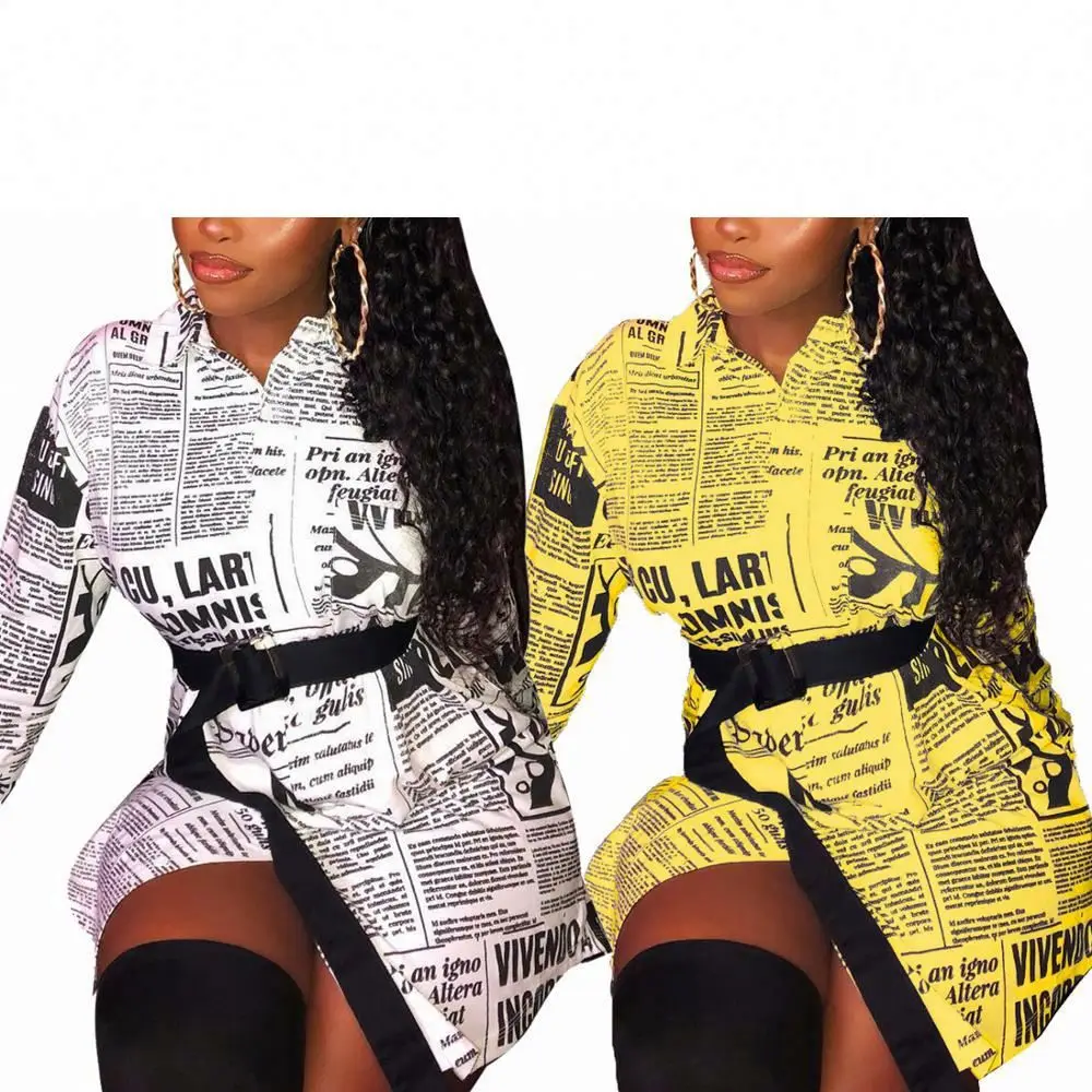 

New Style Fashion Newspaper Print Long Sleeve Buttons Tops Shirt Mini Dress Women Clothing