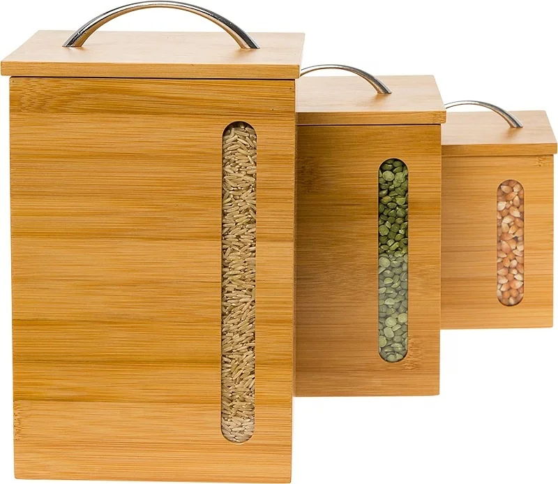 

3 Piece Nesting Bamboo Kitchen Canister Set - Square Storage Containers with Clear View Window