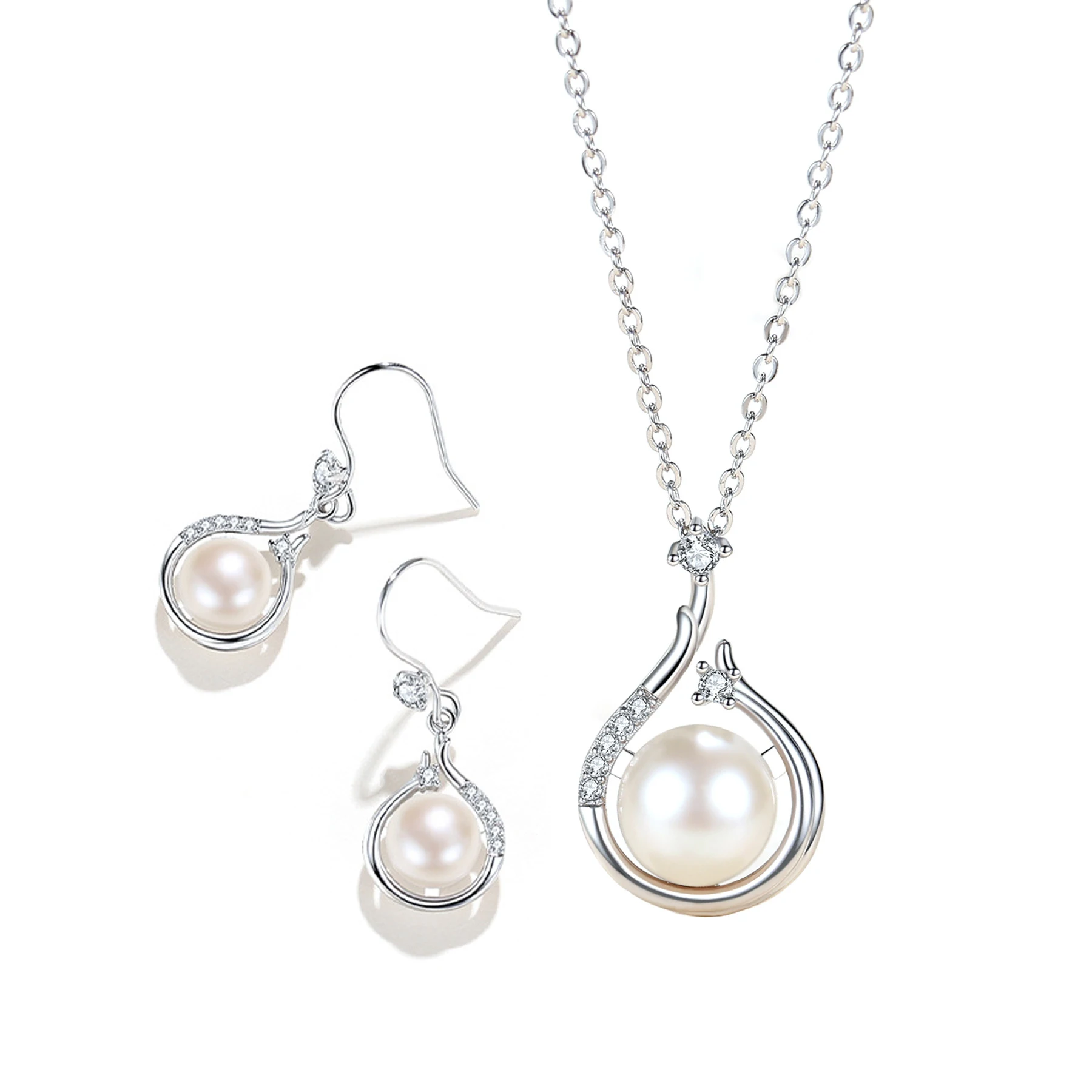 

2021 Elegant Jewelry Set Cubic Zirconia Diamond Ear Hooks 925 Sterling Silver Pearl Necklace Earring Set For Bride Women, Silver color