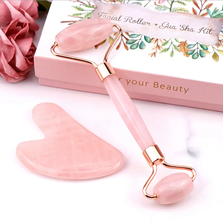 

50%off Private Lable Pink Rose Quartz Facial Scraping Massager Stone Tools 100% Natural Jade Roller Gua Sha Set