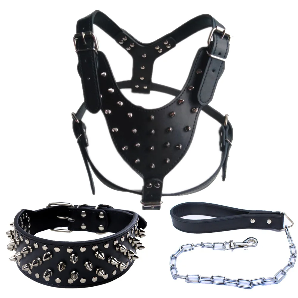 

Dropshipping Leather Medium Large Breeds Pitbull Mastiff Spike Chain Leash Collar Dog Harness Set, 11 colors
