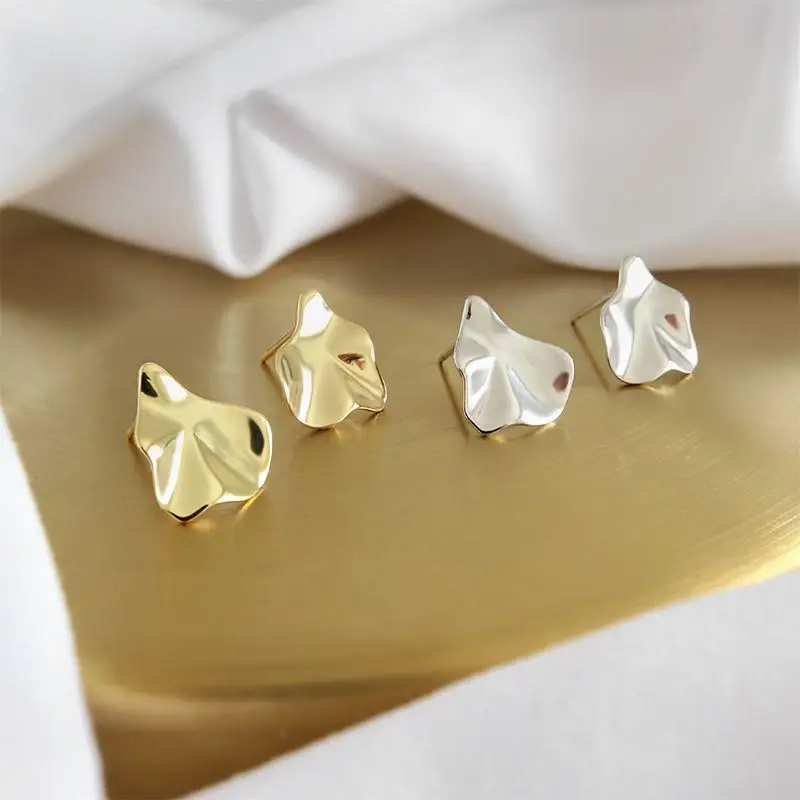 Fashion 925 Silver Hammered Irregular Surface Plain Gold Plated Stud Earring for Women Jewelry