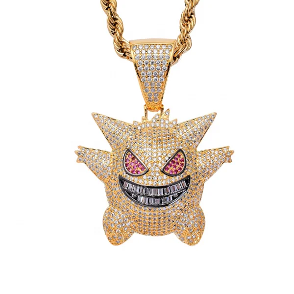 

3 Colors Available Real Gold Plated Pokemon Pendant Necklace Hips Hops Iced Out Mask Gengar Pendant, As pictures