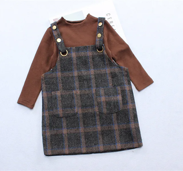 

China Factory Wholesale Baby Long Sleeve Tshirt Top Overalls Jeans Fancy Plaid Dress Suspenders Set For Girls