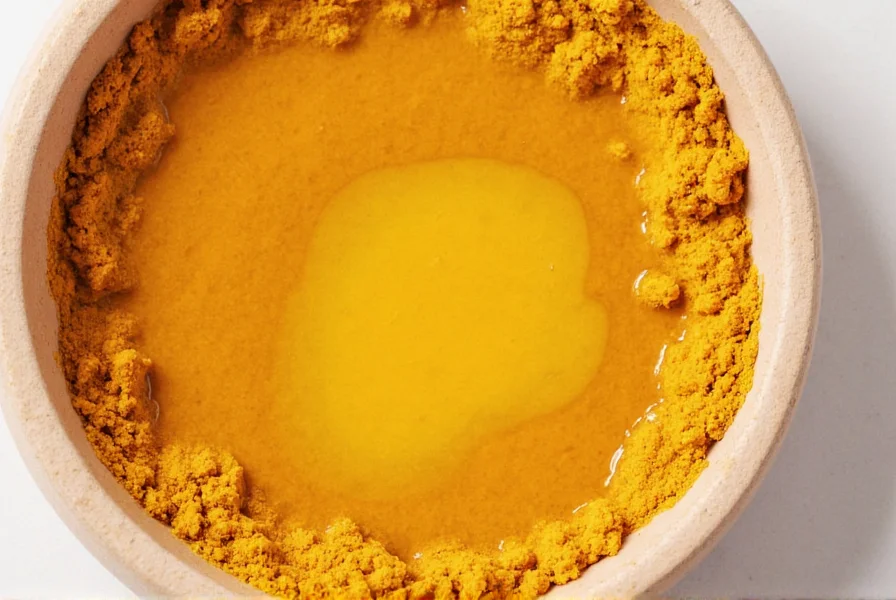 Close-up of golden turmeric powder mixing with raw honey in a small ceramic bowl for natural face mask preparation