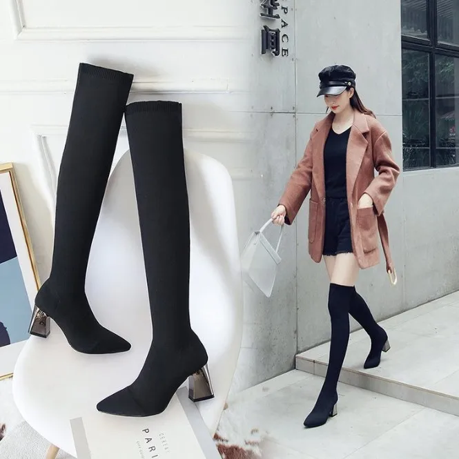 

Winter Shoes Stretchy Female Heel Women Slip On Girls Charm Fashion Heels Thigh High Boots, Black