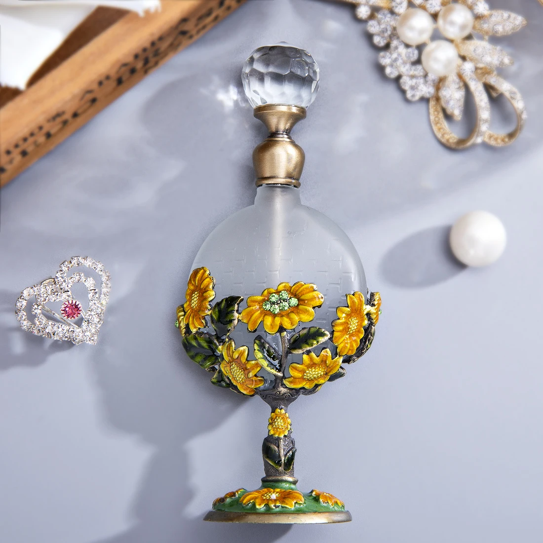 H&d Clear Vintage Sunflower Perfume Bottle Jeweled Crystal Empty