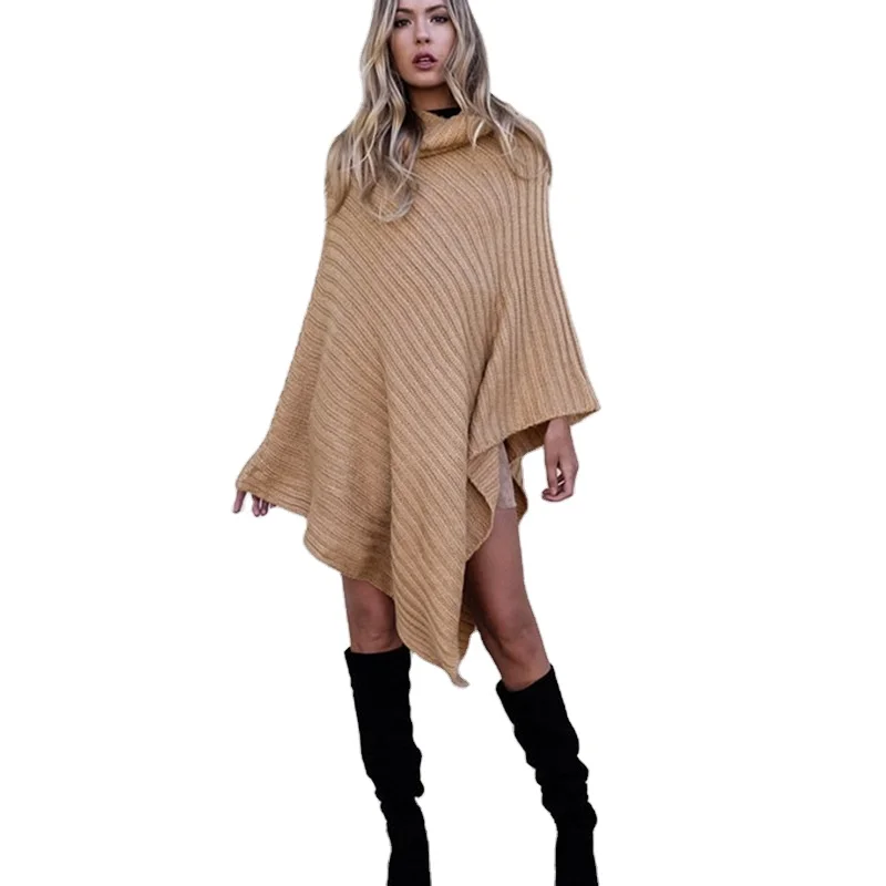 

Wholesale fashion ladies tops winter casual turtleneck pullover solid color oversized women poncho sweater, Khaki,gray