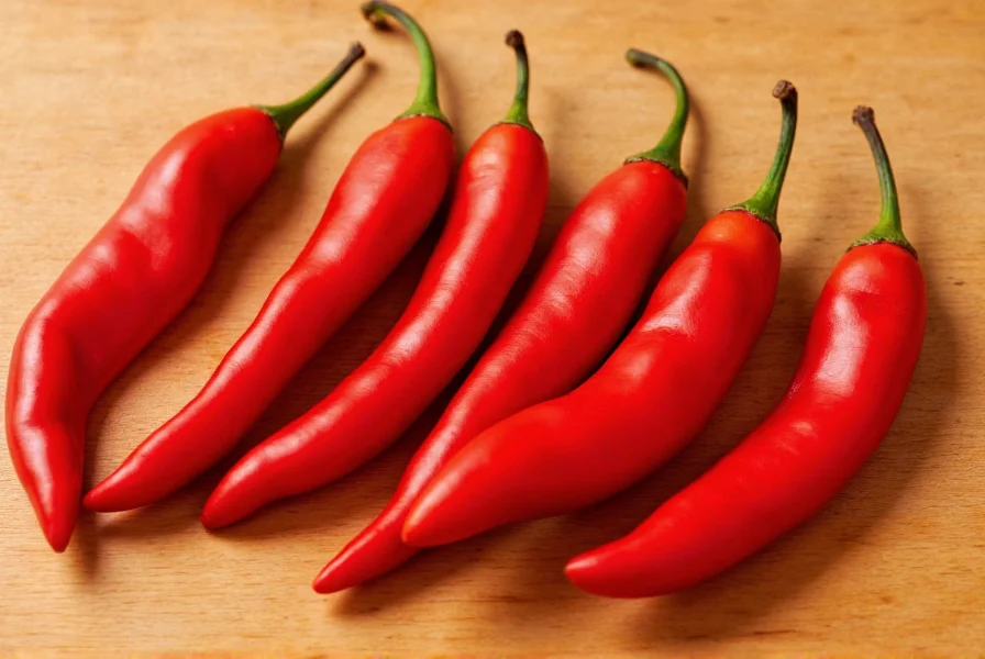 Ripe Jimmy Nardello's peppers arranged on wooden table showing their characteristic red color and slender shape