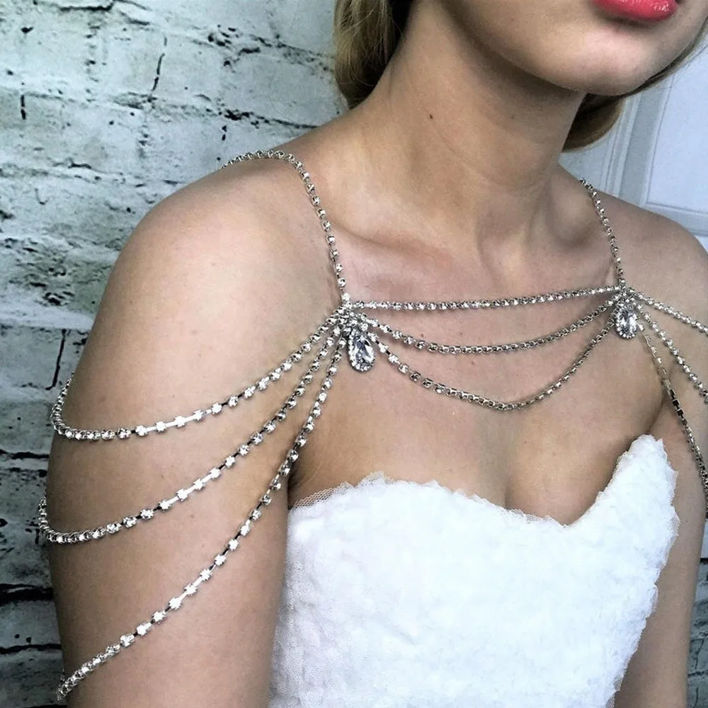 

Handmade Bridal Rhinestone Shoulder Chain for Women Wedding Crystal Shoulder Chain Body Jewelry (KW043), Silver