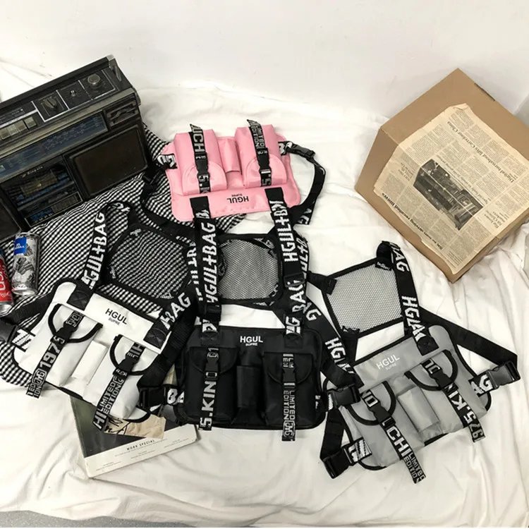 

Fashion Multipurpose Tactical Men Women Sport Ribbon Front Shoulder Pouch Chest Vest Pack Bag with Adjustable Strap, Black, white, pink, gray