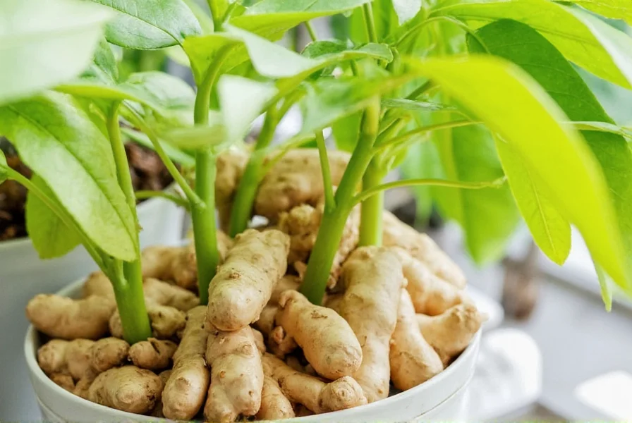 Hand harvesting mature ginger rhizomes from indoor container