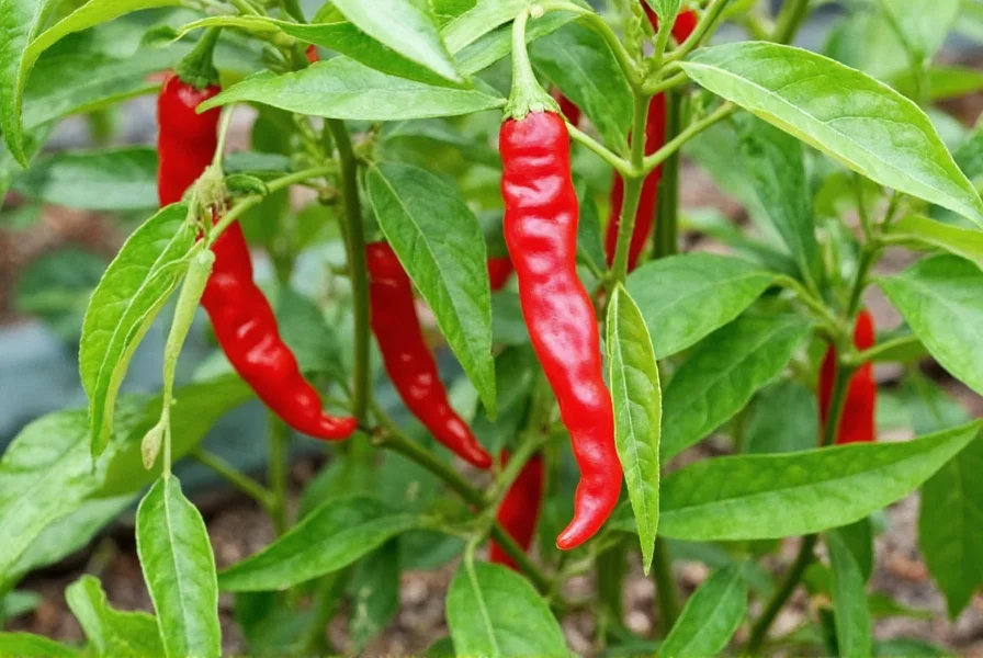 Calabrian chili plants growing in a garden with red peppers visible on the vine
