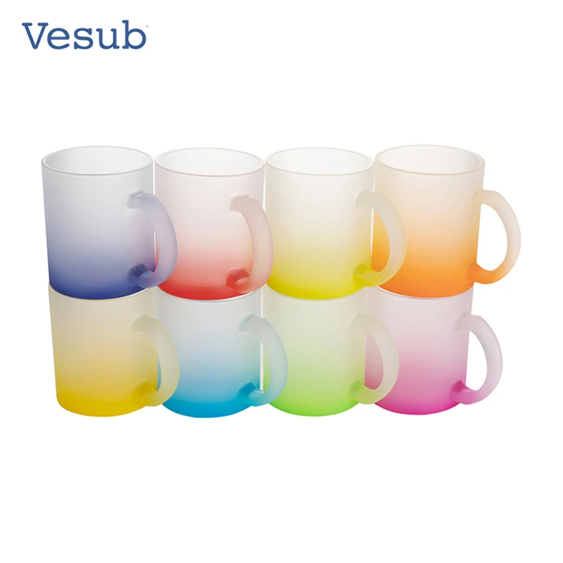 

Wholesale High Quality 11oz Sublimation Customized Gradient Color Frosted Glass Mug For Heating Press Transfer, Red, orange, light blue ect.