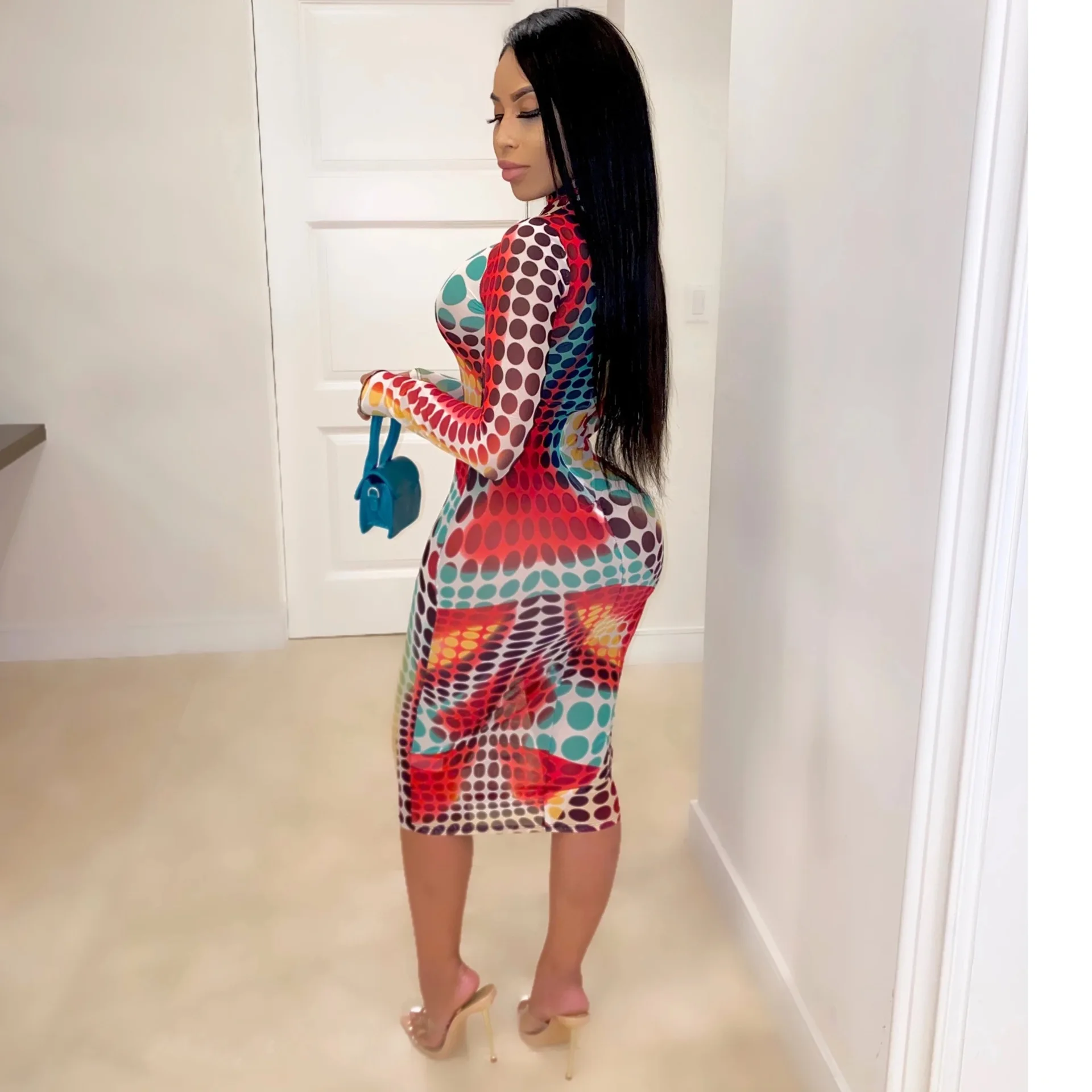 

WW-1049 Female Big Yards Long Wave Point Printing Sexy Tight Dress Printed Polka Dot Plus Size Dress, Customized color