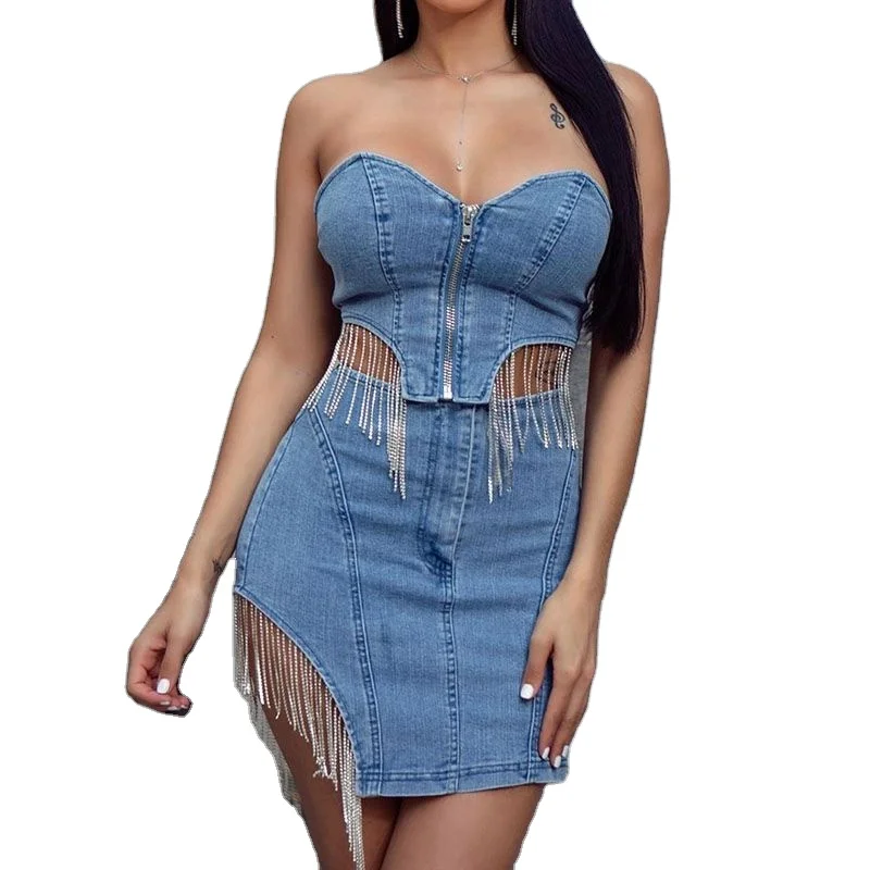 

Women Set Skirt Denim Skirts Dresses For Rhinestone 2 Piece Sexy Jeans Sets Mini Drees Party Jean And Short In Wash Denim Dress