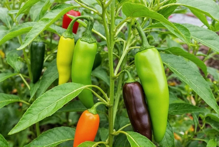 Pepper plants growing in garden showing different varieties of Capsicum species