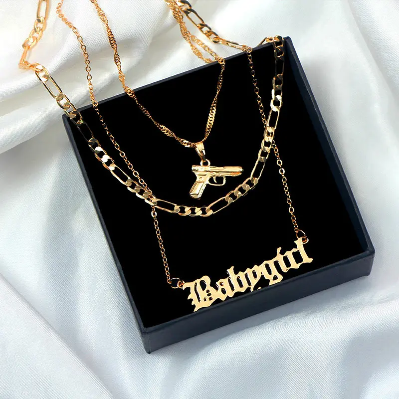 

Fashion Punk Hip Hop Jewelry for Women Men Multilayer Metal Long Chain Necklace Gold Color Submachine Pistol Pendant Necklace