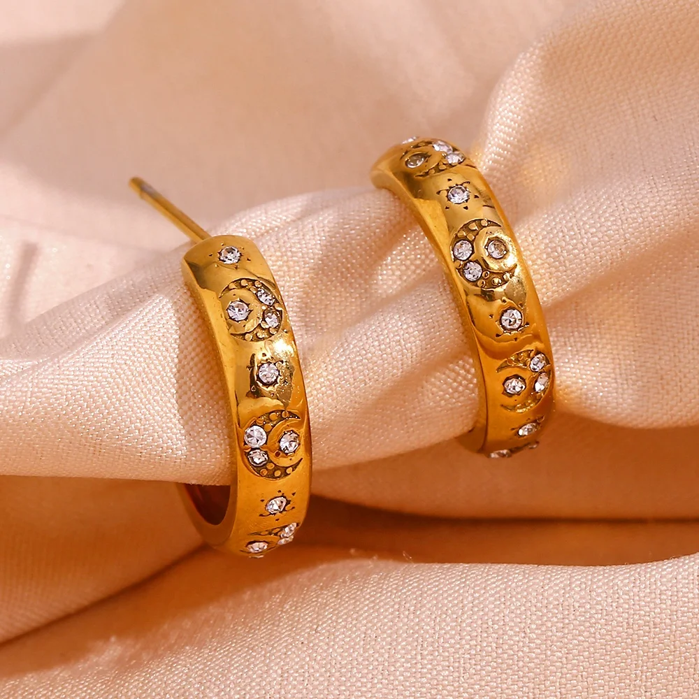 

Fashion Earrings 2023 AAA Zircon Moon Sun Hoop Earring 18k Gold Plated Stainless Steel Earring Women Jewelry