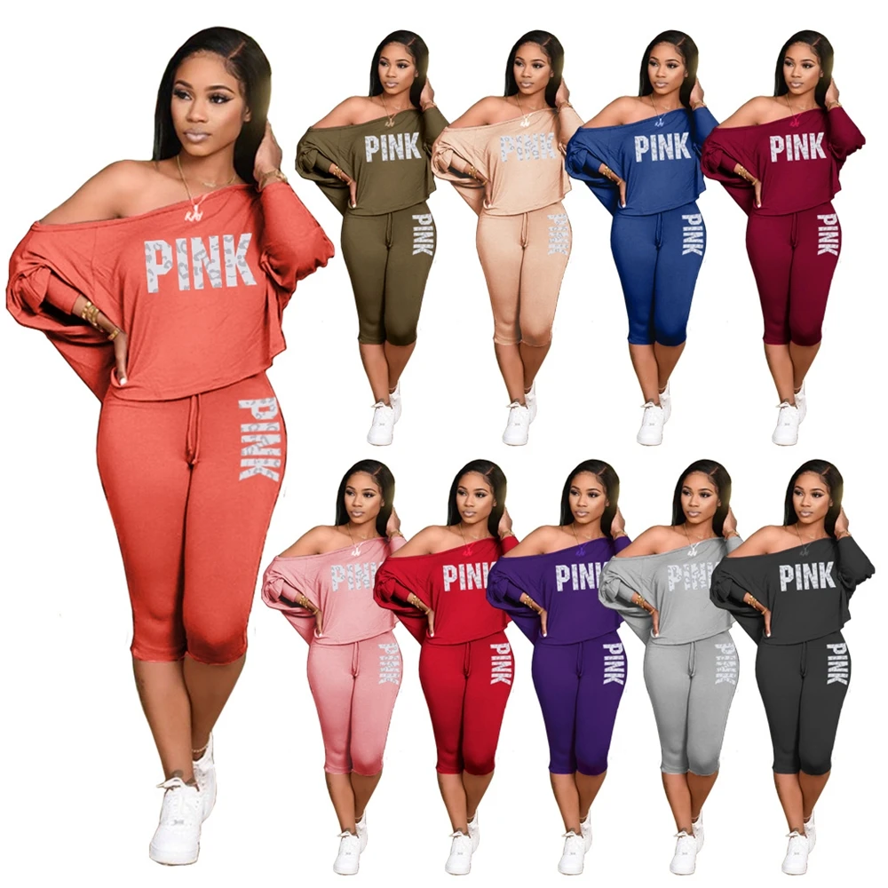 

5XL plus size Women Pink Print slide shoulder Two Piece pants Set Fitness Tracksuit custom TShirts Plus Size Outfits for woman