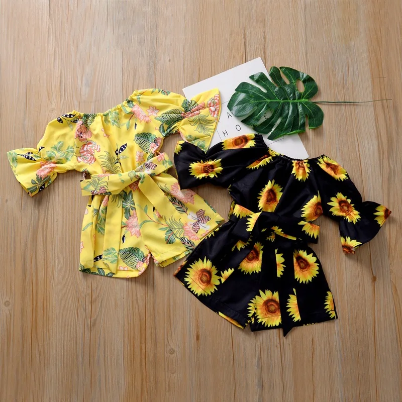 

2020 wholesale summer toddler flower print flare sleeves shorts jumpsuit children cotton romper outfits girl clothes, Picture shows