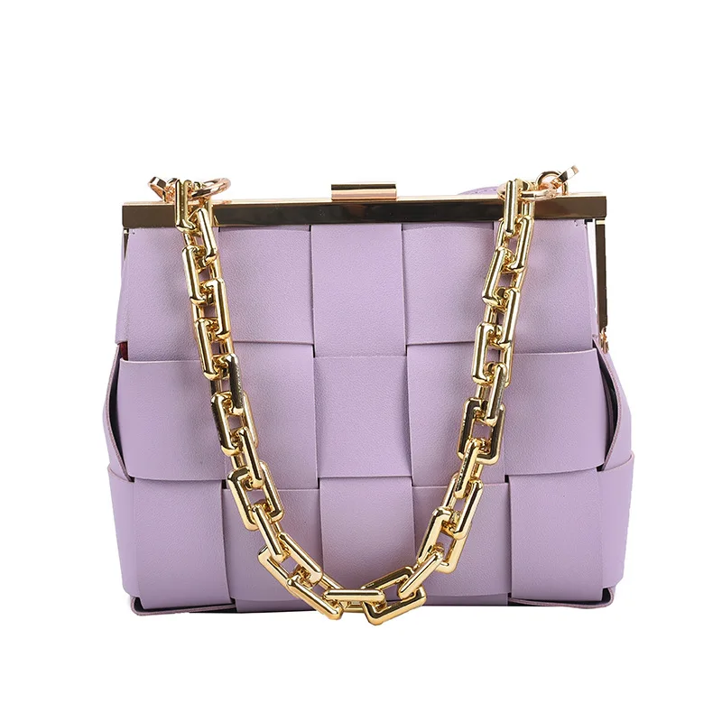 

Luxury Leather Woven Bag Women Thick Gold Chains Large Sling Handbags Design Shoulder Bag Purses Ladies Single Shoulder Bag, Khaki,purple,black,white,green