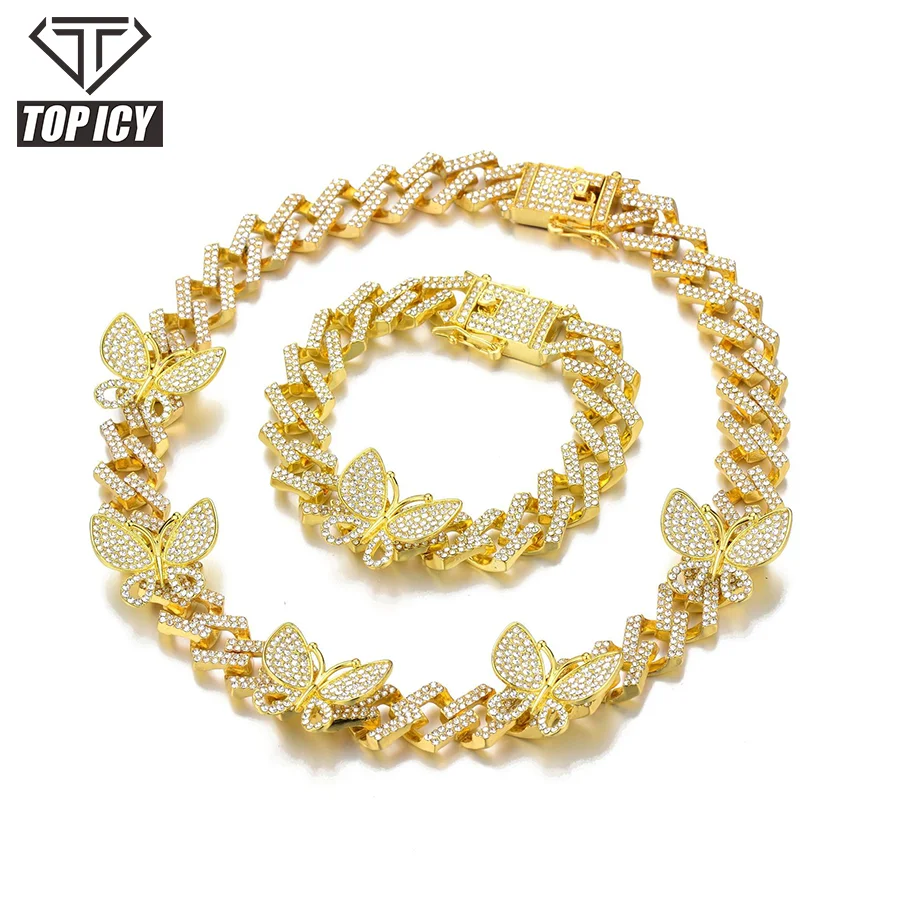 

Wholesale Hip Hop Jewelry 15mm Gold Plated Necklace Men Women Rhinestone Zinc Alloy Butterfly Cuban Link Chains Necklace