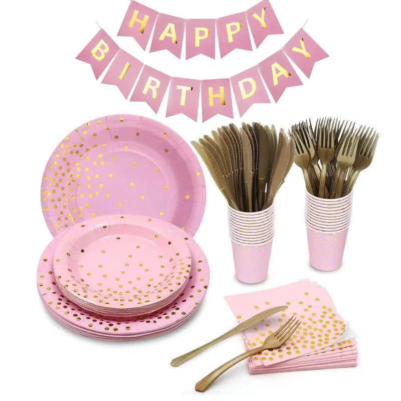 

pink golden dot Dinner Dessert paper Plate Party Tableware Set Supplies Tissue Cups Napkins Gold Forks Knives Spoons