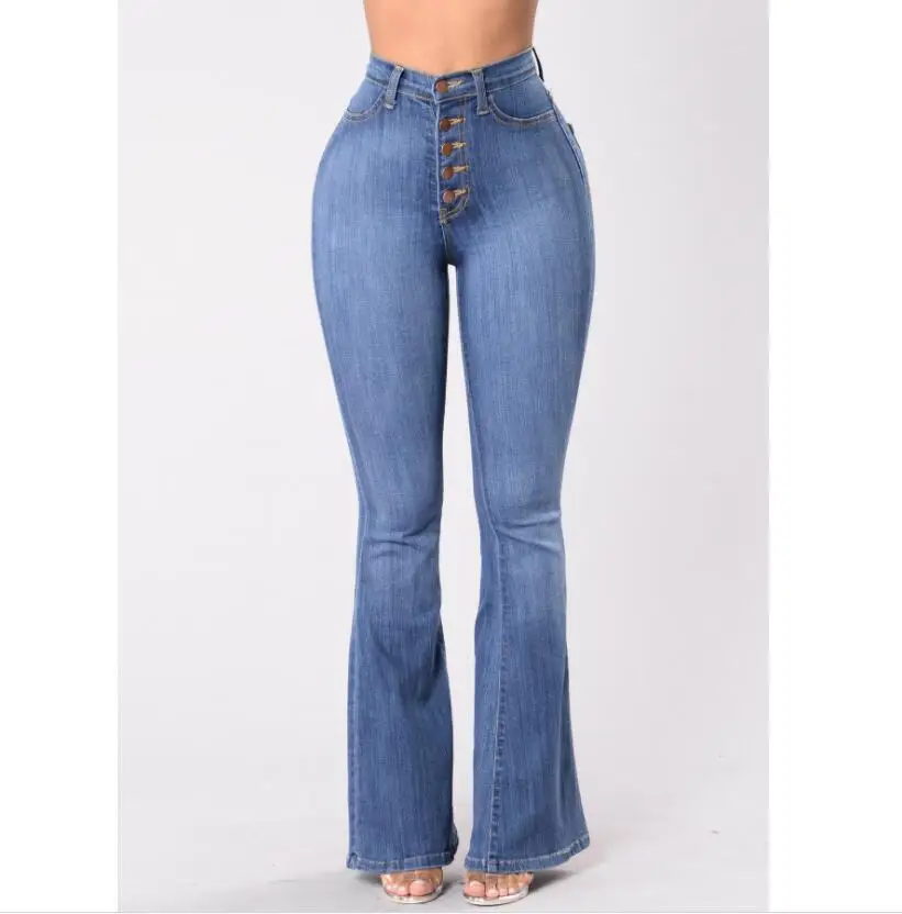 

sh11329a Wholesale Custom Women Bell Bottom Jeans Female Button Pocket Jeans