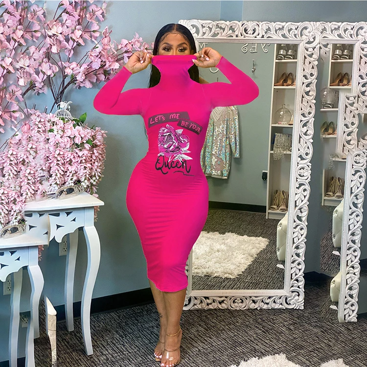 

Flower Print Long Sleeve Dress Turtleneck Dresses Women Casual Bodycon Dress -ZL, Yellow,black,rose red