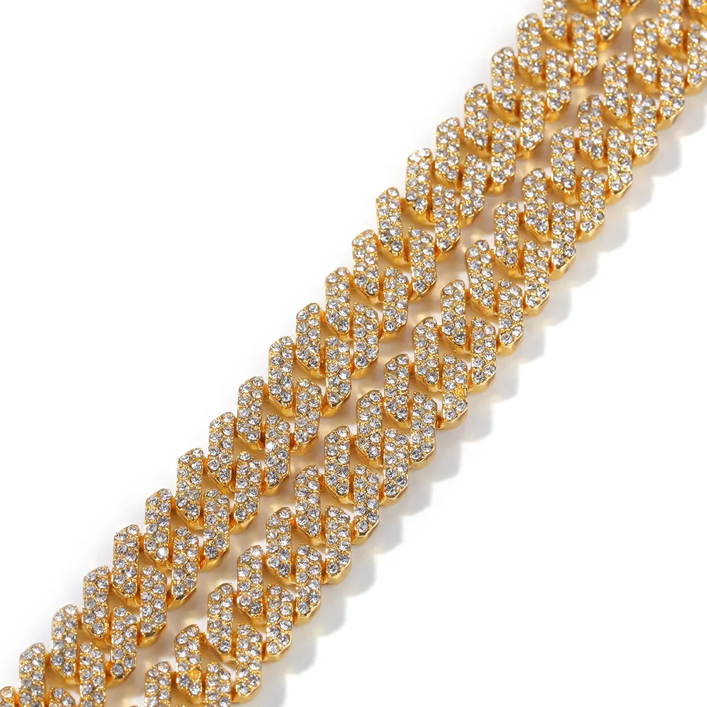 

12mm Gold Cuban Chain Iced Out Rhinestone Zinc Alloy Gold Plating Miami Cuban Link Chain Necklace Wholesale Jewelry