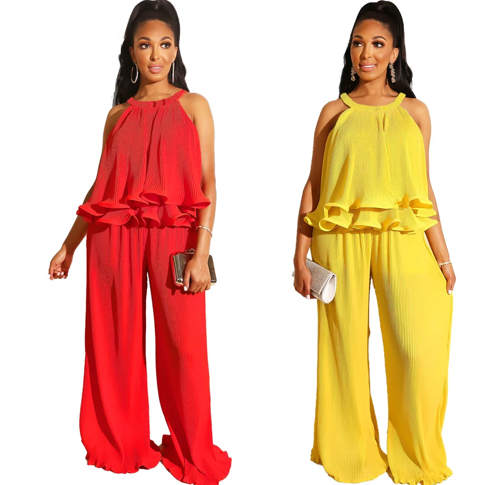 

Summer 2021 Tops Ruffles High Waist Wide Leg Pants Women Two Pieces Sets
