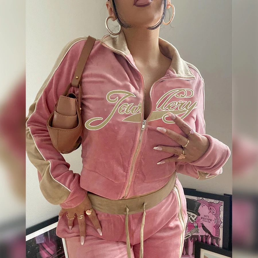 

Nibber K20S09933 Wholesale Custom Embroidery Velvet Full Sleeve Zipper Leisure Sportswear Jacket & Pants Set Women Two Piece Set, Borwn / dark blue / green / pink