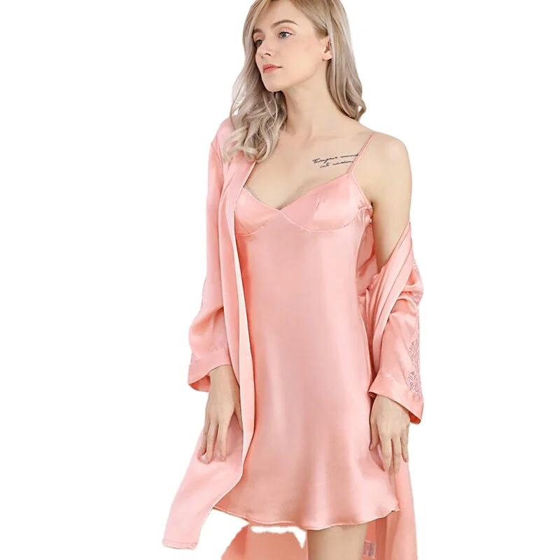 

High Quality 100% Silk Kimono Satin Robe Sets New Design Silk Nightgown Wholesale, Pink,ivory