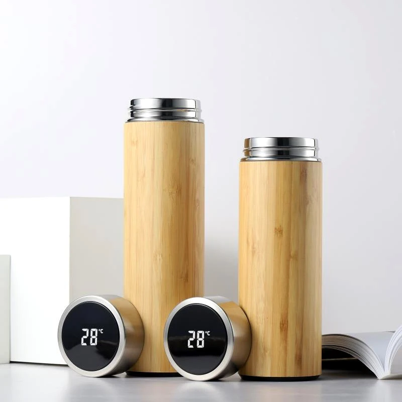 

500ml Smart Temperature Bamboo Shell Cup Stainless Steel Thermal Tea Cup Traveling Water Cup