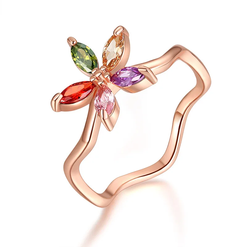 

Gemstone Fashion Bijoux Star Irregular Rose Gold Copper Shinning Colorful Zircon Anchor Flower Brass Ring