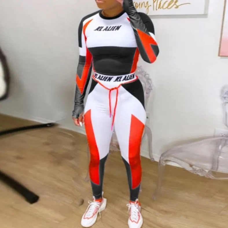 

Patchwork Jogging Casual Leggingss Printed Long Sleeve Sport Two Piece Set Women Clothing