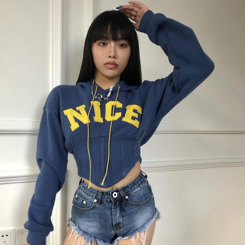

Wholesale women fashion letter embroidery hoodie corset hoodie sweatshirt
