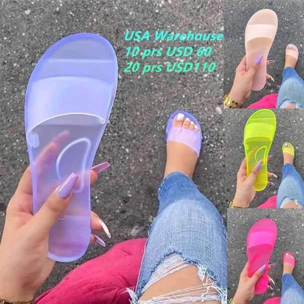 

USA STOCK Fashion Summer Women Sandals Clear Shoes Slip-On Jelly Shoes Ladies Flat Beach Sandals Outdoor Holiday Slides