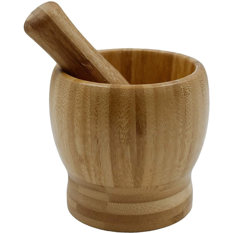 

Bamboo Mortar and Pestle Herb Spice Grinder Household Wooden Manual Garlic Masher Hand Press Garlic Masher Bowl, Natural