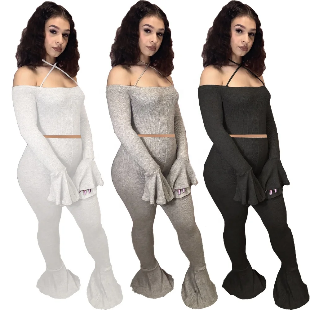 

Fashion Fall Flare Pants Off The Shoulder Long Sleeve Women Cute And Sexy Lounge Suits 2Pc Sets Women'S Sexy Casual Outfit, Gray,black