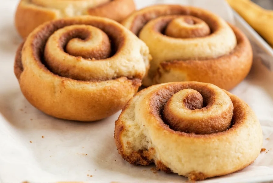 Freshly baked cinnamon rolls with cream cheese frosting drizzled in spiral pattern on wooden serving board