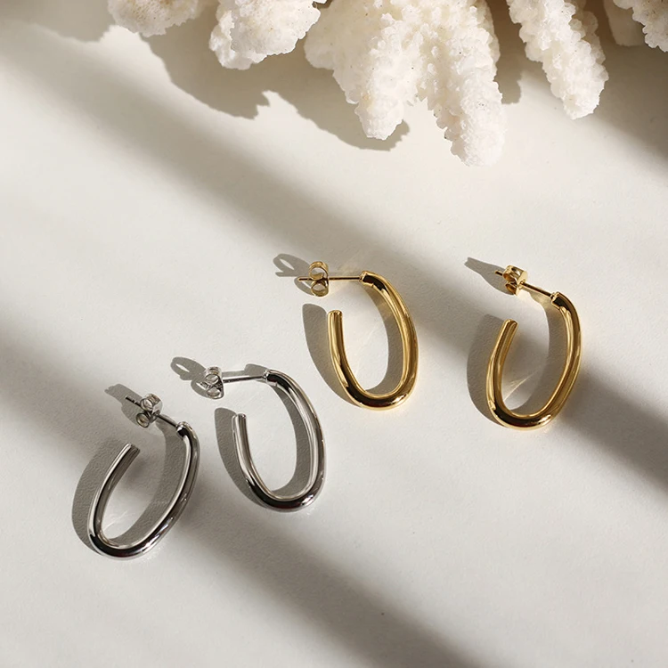 

Irregular oval hoop earrings U-shaped gold thick hoop earring statement ear studs titanium steel plated with 18K gold not fade, Optional as picture,or customized