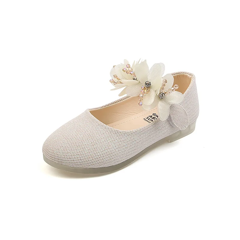 

New Children's Flats Lace Big Flower Princess Party Performance Shoes Baby Student Girl Shoes for Kids Soft Sole Leather Flats, White pink beige