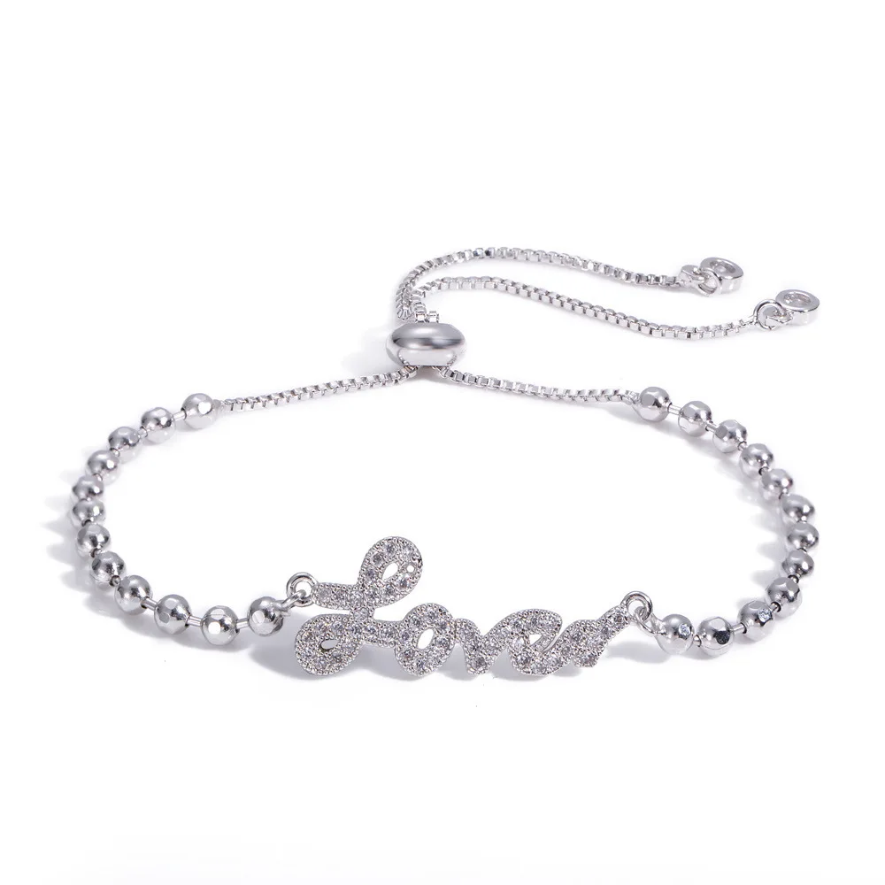 

Silver Platinum Plating Crystal CZ Love Letter Slider Chain Bracelet Bling Pave Cubic Zirconia Love Slider Bracelets