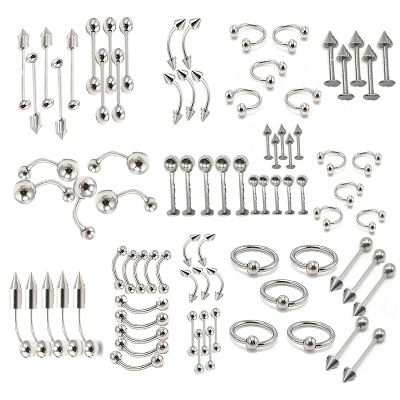 

HOVANCI 85pcs/set stainless steel ball tongue lip and eyebrow barbell rings bars body piercing, Silver