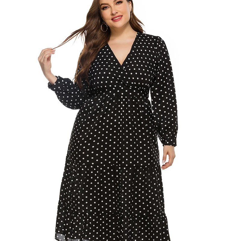 

V-neck Long Sleeve Polka Dot Fat Woman Wave Point Black Maxi Casual Plus Size Dress