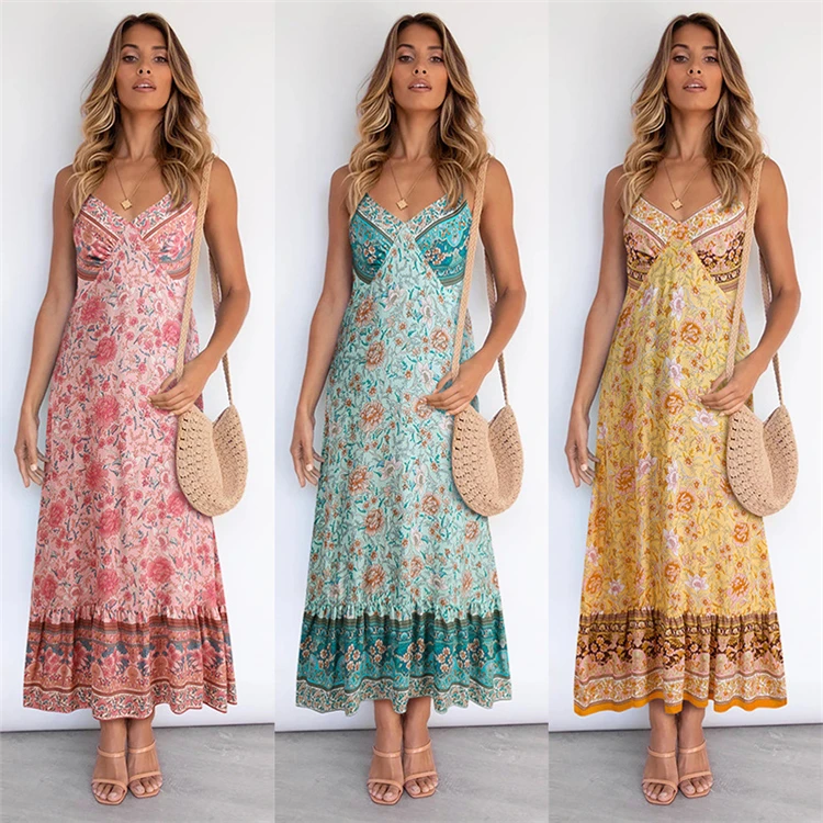 

DUODUOCOLOR Summer fashion trend new style printing backless v neck sexy women boho long dress 2021 D10107