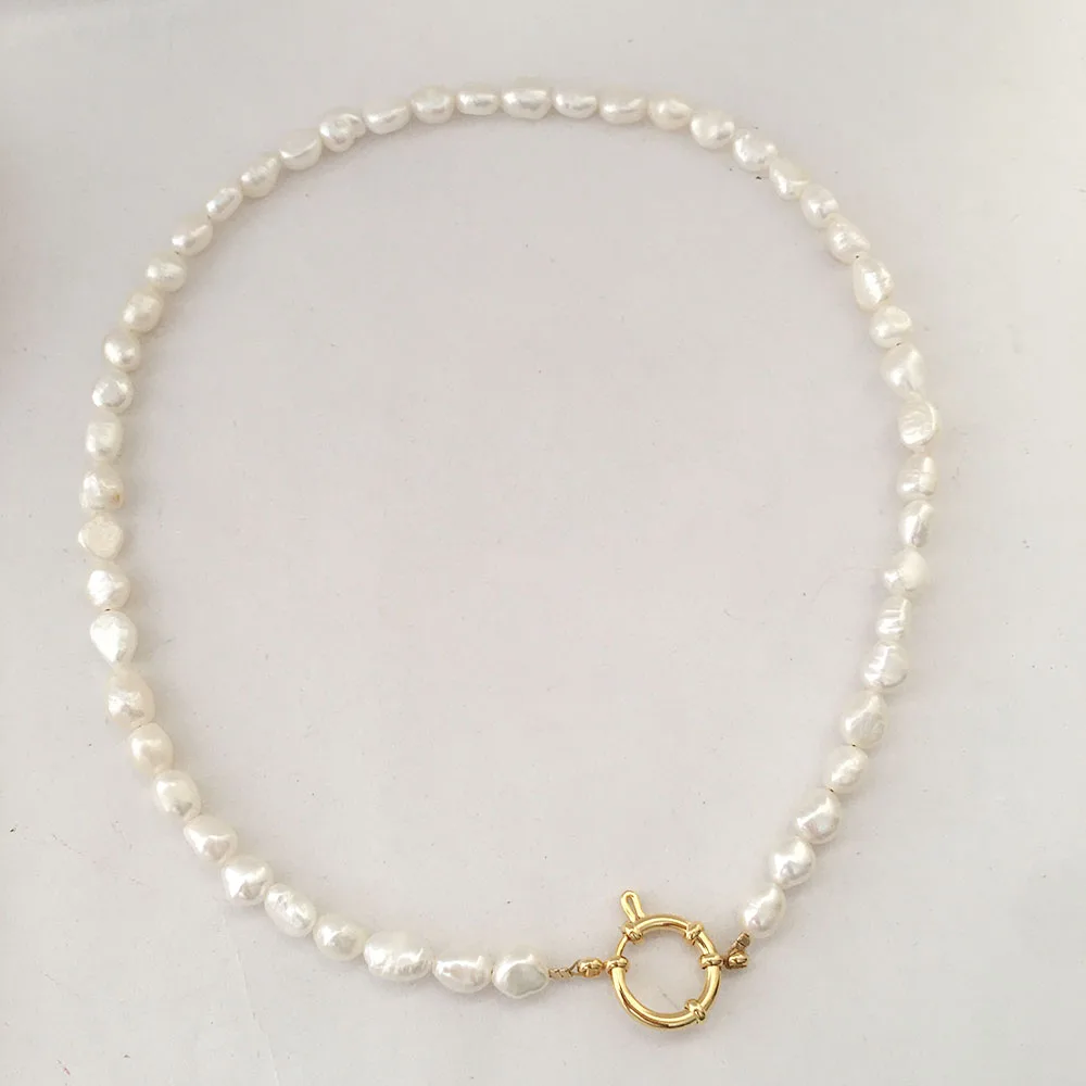18 Inch Fashion Choker Baroque Pearl Necklace 100% Freshwater Pearl AAwidth 6.3-7.3 MM Stainless Steel 18K Gold Plated Clasp